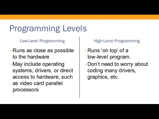 Programming Levels Low-Level Programming Runs as close as possible to the