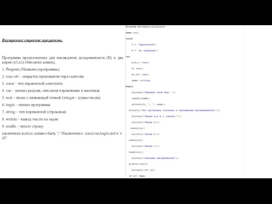 Внутреннее строение программы. Программа предназначена для нахождения дискриминанта (D) и два