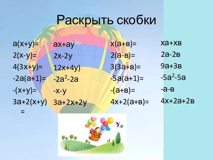 Раскрыть скобки а(х+у)= 2(х-у)= 4(3х+у)= -2а(а+1)= -(х+у)= 3а+2(х+у)= х(а+в)= 2(а-в)= 3(3а+в)=