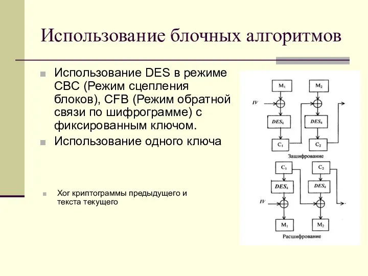 Использование блочных алгоритмов Использование DES в режиме CBC (Режим сцепления блоков),