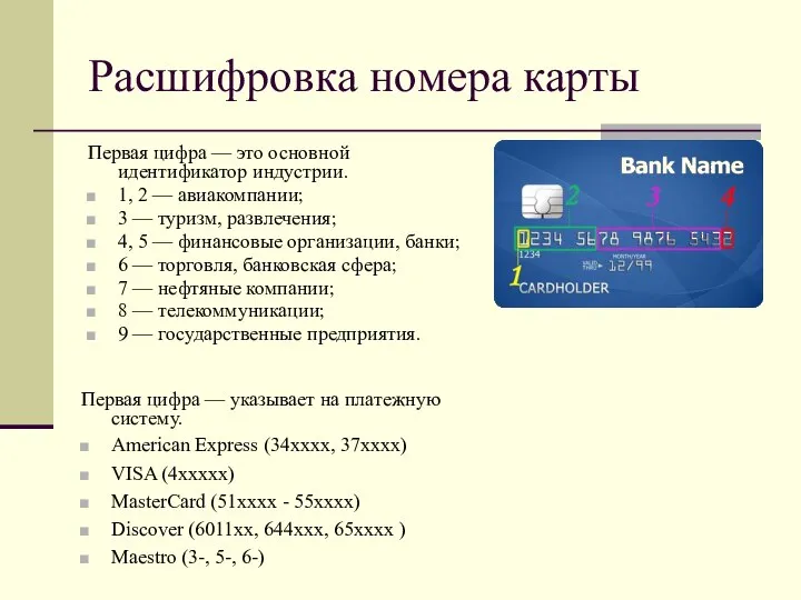 Расшифровка номера карты Первая цифра — это основной идентификатор индустрии. 1,