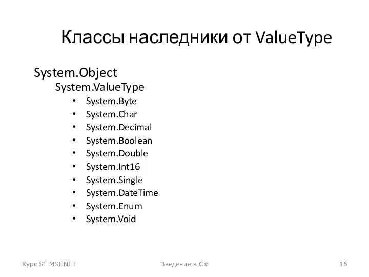 Классы наследники от ValueType System.Object System.ValueType System.Byte System.Char System.Decimal System.Boolean System.Double