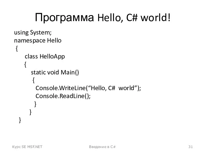 Программа Hello, C# world! using System; namespace Hello { class HelloApp