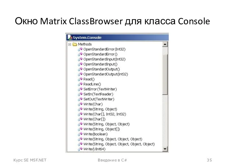 Окно Matrix ClassBrowser для класса Console Курс SE MSF.NET Введение в C#