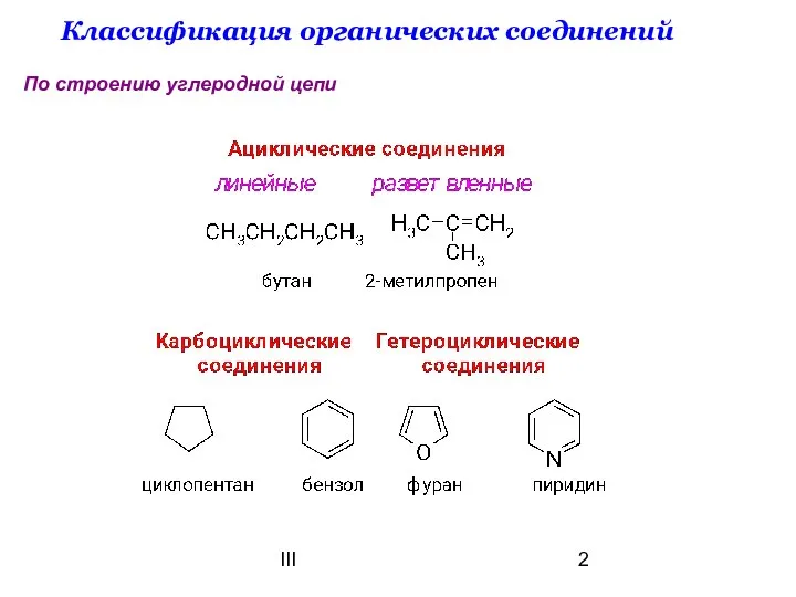 III Классификация органических соединений По строению углеродной цепи