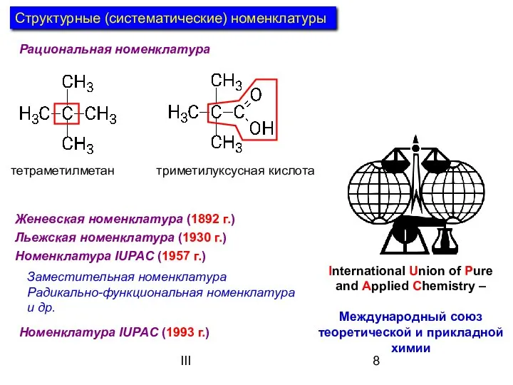 III Структурные (систематические) номенклатуры Рациональная номенклатура тетраметилметан триметилуксусная кислота Женевская номенклатура