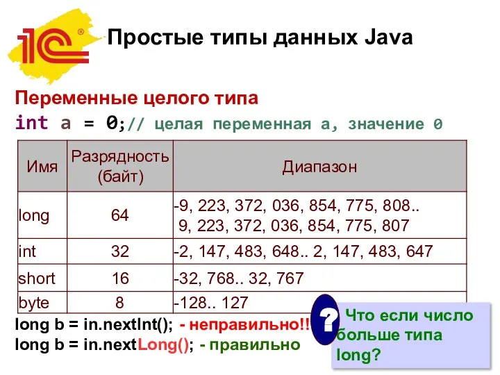 Простые типы данных Java Переменные целого типа int a = 0;//