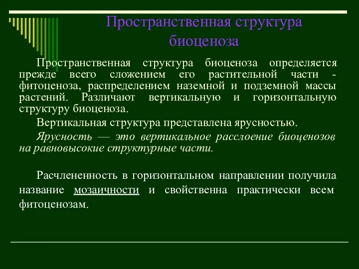 Пространственная структура биоценоза определяется прежде всего сложением его растительной части -