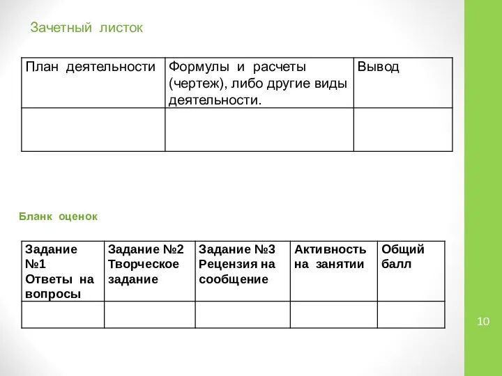 Зачетный листок Бланк оценок