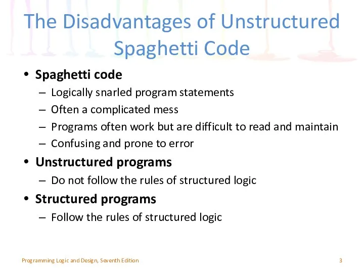 The Disadvantages of Unstructured Spaghetti Code Spaghetti code Logically snarled program
