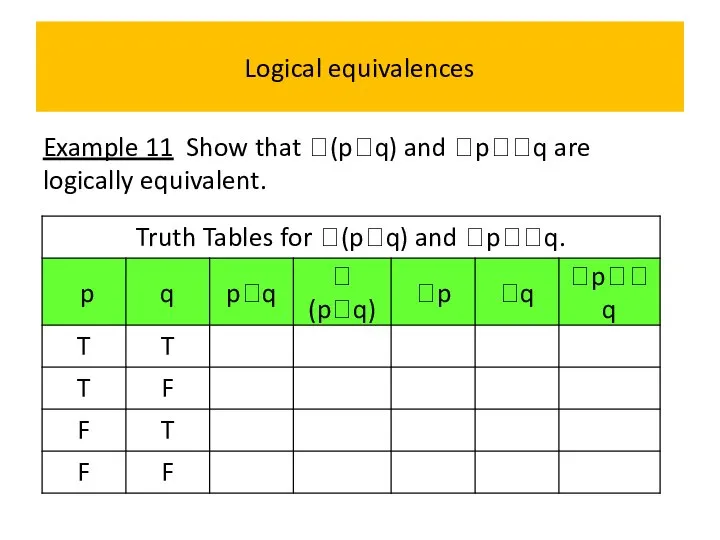 Logical equivalences Example 11 Show that (pq) and pq are logically equivalent.