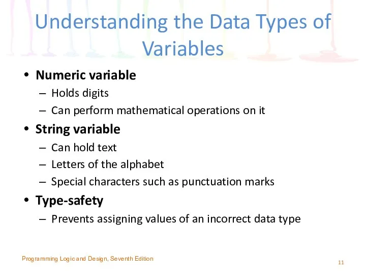 Understanding the Data Types of Variables Numeric variable Holds digits Can