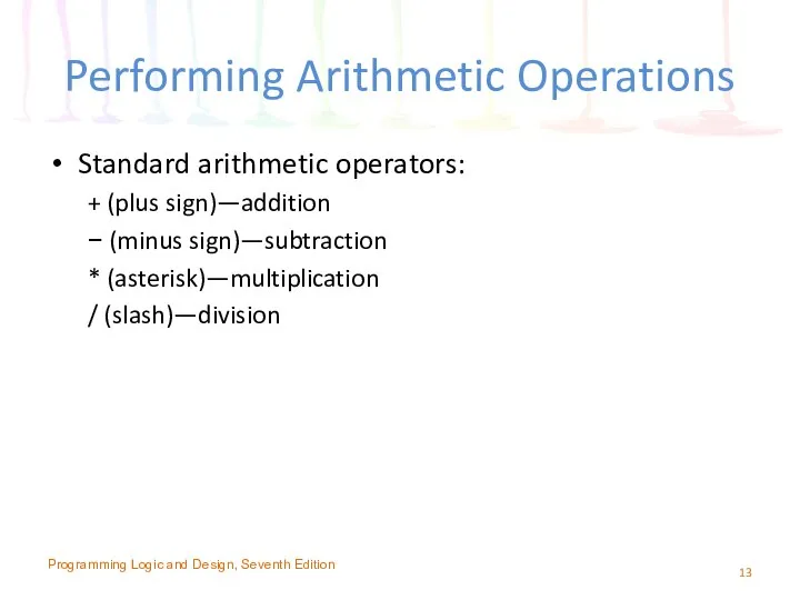 Performing Arithmetic Operations Standard arithmetic operators: + (plus sign)—addition − (minus