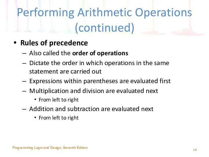 Performing Arithmetic Operations (continued) Rules of precedence Also called the order