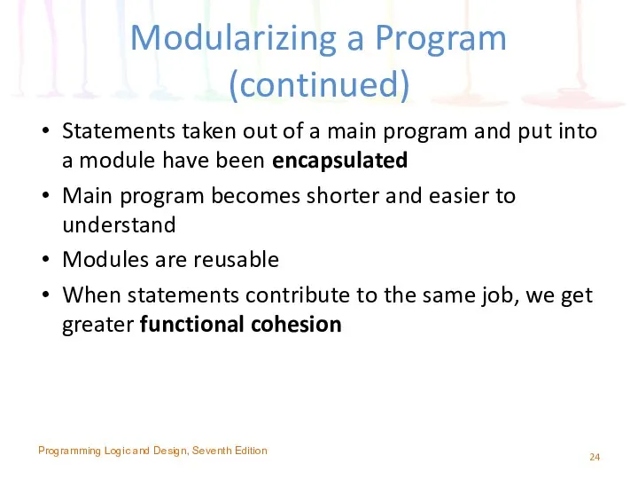 Modularizing a Program (continued) Statements taken out of a main program