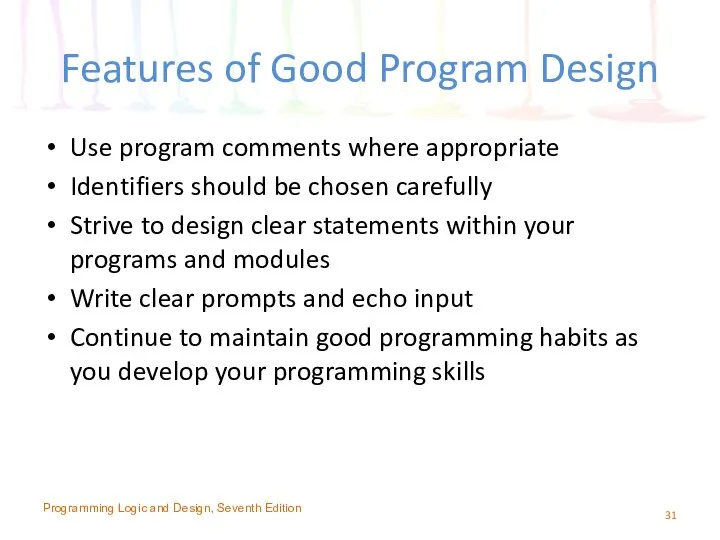Features of Good Program Design Use program comments where appropriate Identifiers