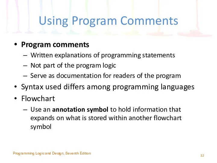 Using Program Comments Program comments Written explanations of programming statements Not