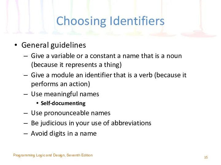 Choosing Identifiers General guidelines Give a variable or a constant a