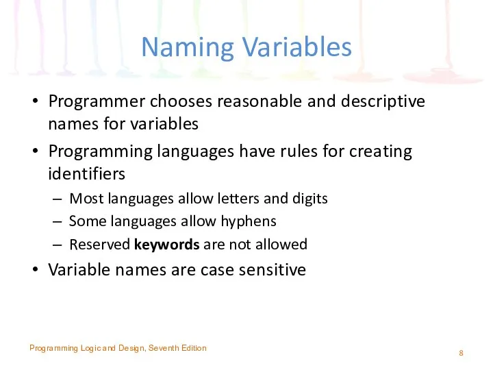 Naming Variables Programmer chooses reasonable and descriptive names for variables Programming