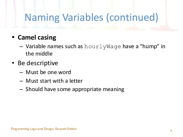 Naming Variables (continued) Camel casing Variable names such as hourlyWage have