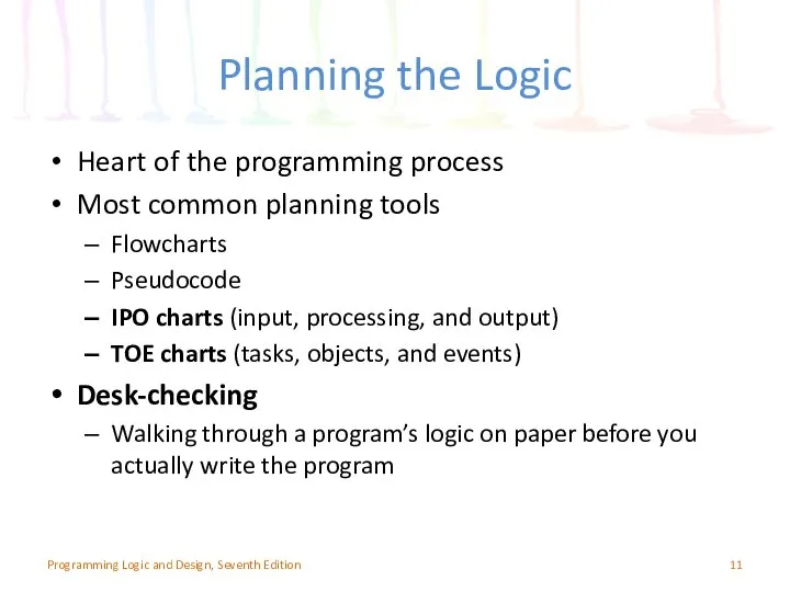 Planning the Logic Heart of the programming process Most common planning