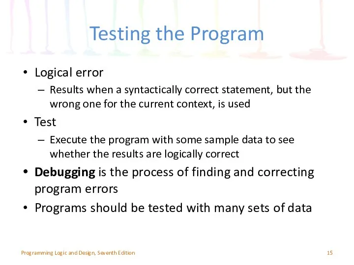 Testing the Program Logical error Results when a syntactically correct statement,