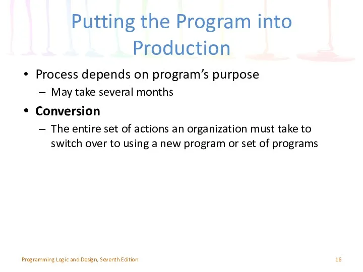 Putting the Program into Production Process depends on program’s purpose May