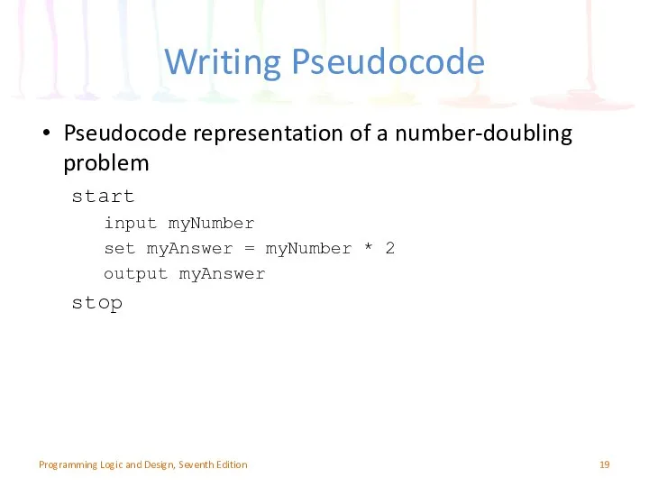 Writing Pseudocode Pseudocode representation of a number-doubling problem start input myNumber