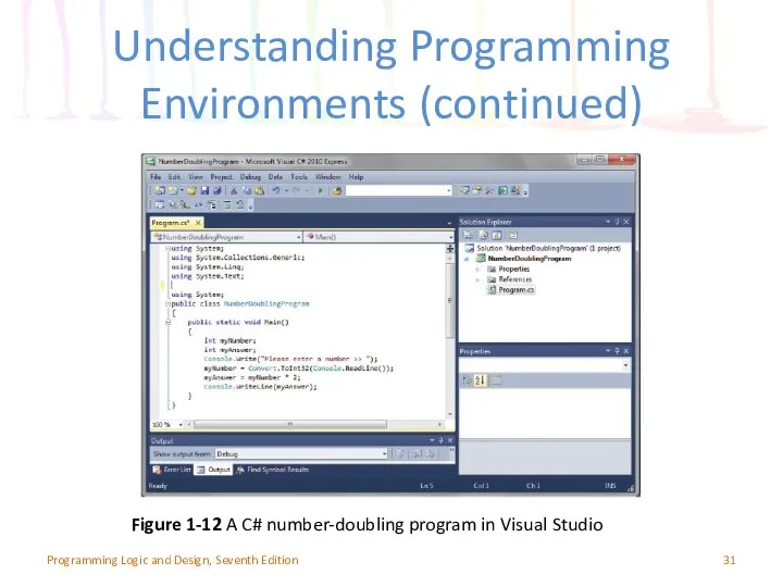 Understanding Programming Environments (continued) Figure 1-12 A C# number-doubling program in