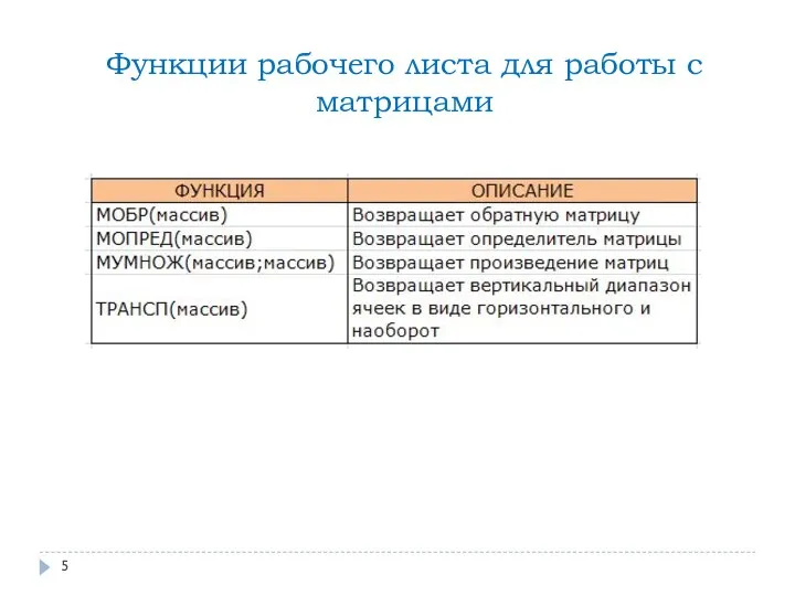 Функции рабочего листа для работы с матрицами