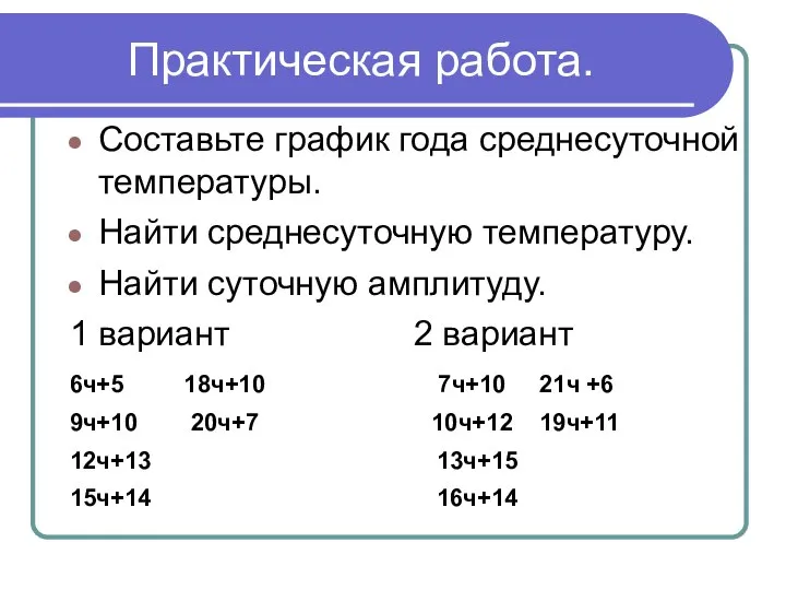 Практическая работа. Составьте график года среднесуточной температуры. Найти среднесуточную температуру. Найти