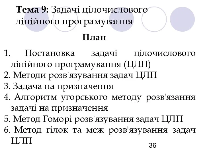 Тема 9: Задачі цілочислового лінійного програмування План Постановка задачі цілочислового лінійного