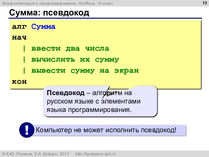 Сумма: псевдокод алг Сумма нач | ввести два числа | вычислить