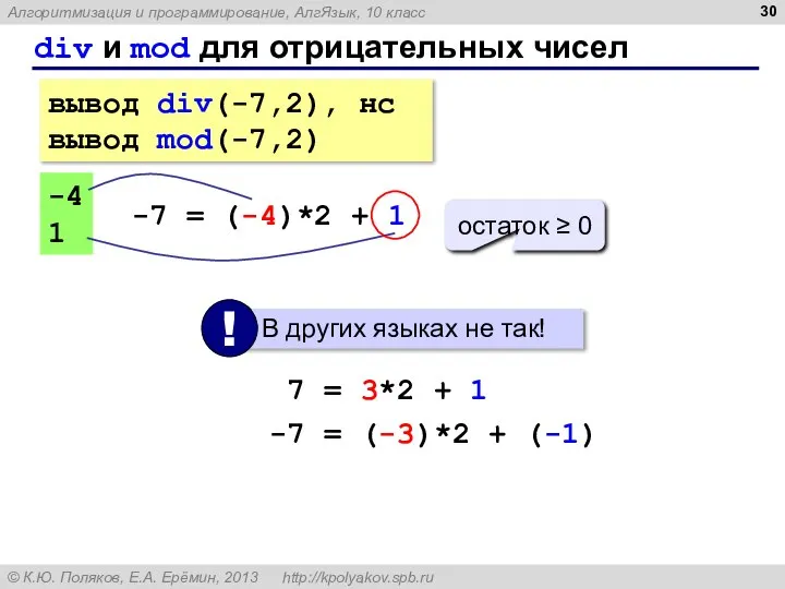 div и mod для отрицательных чисел вывод div(-7,2), нс вывод mod(-7,2)