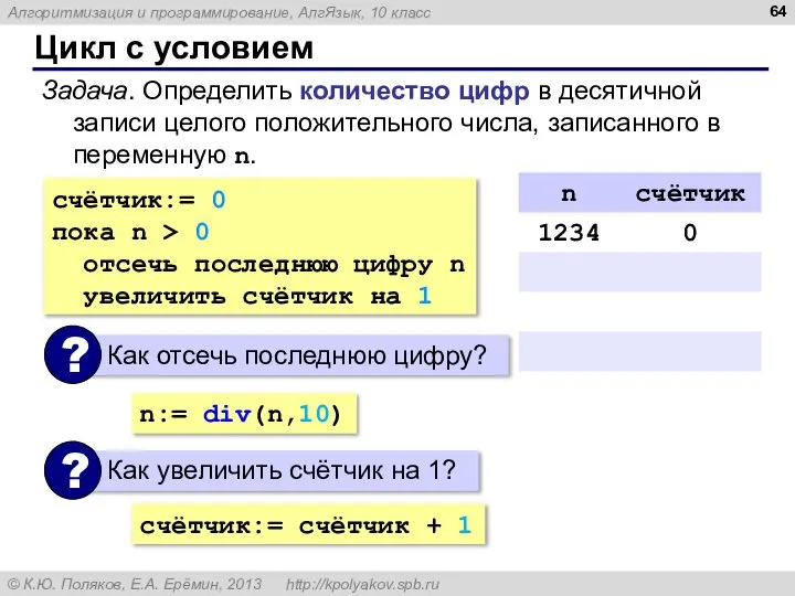 Цикл с условием Задача. Определить количество цифр в десятичной записи целого