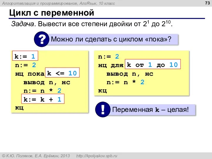 Цикл с переменной Задача. Вывести все степени двойки от 21 до