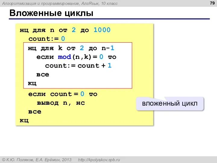 Вложенные циклы нц для n от 2 до 1000 count:= 0