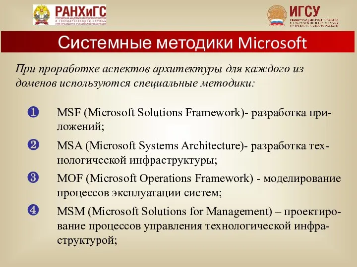 При проработке аспектов архитектуры для каждого из доменов используются специальные методики: