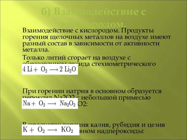 б) Взаимодействие с кислородом. Взаимодействие с кислородом. Продукты горения щелочных металлов