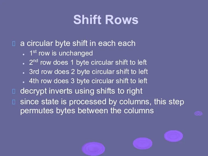 Shift Rows a circular byte shift in each each 1st row