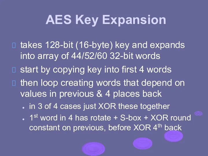 AES Key Expansion takes 128-bit (16-byte) key and expands into array