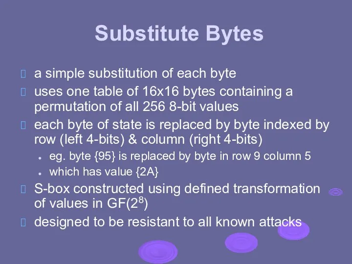 Substitute Bytes a simple substitution of each byte uses one table