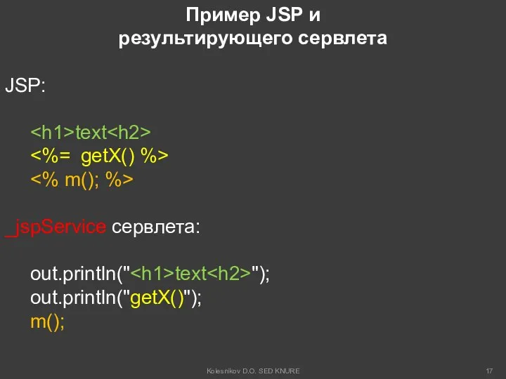 Пример JSP и результирующего сервлета JSP: text _jspService сервлета: out.println(" text