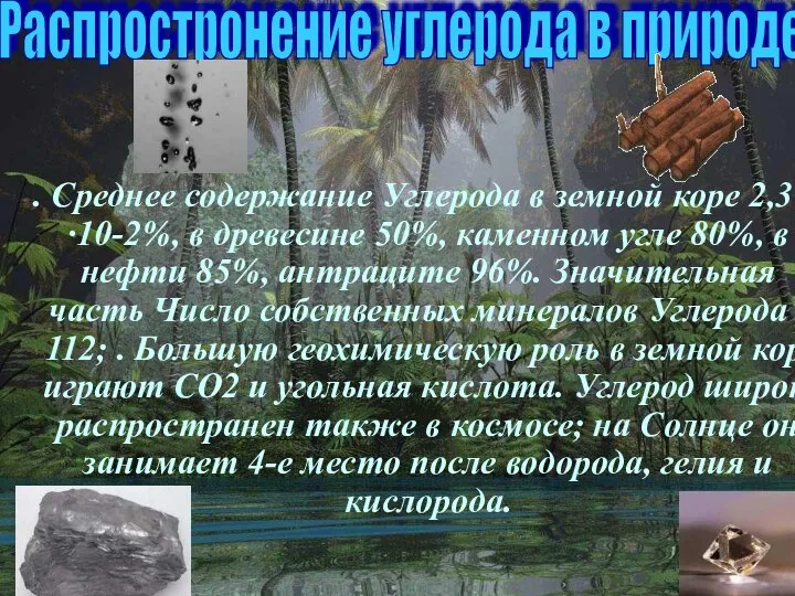 09/07/2023 Распростронение углерода в природе . Среднее содержание Углерода в земной