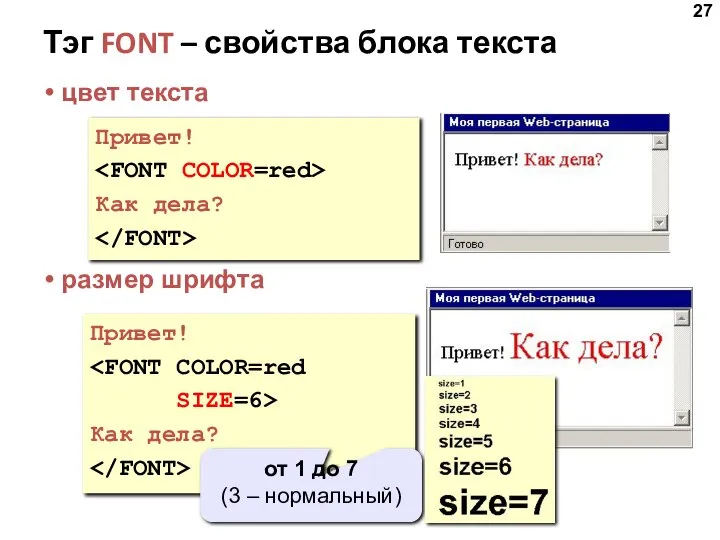 Тэг FONT – свойства блока текста цвет текста размер шрифта Привет!