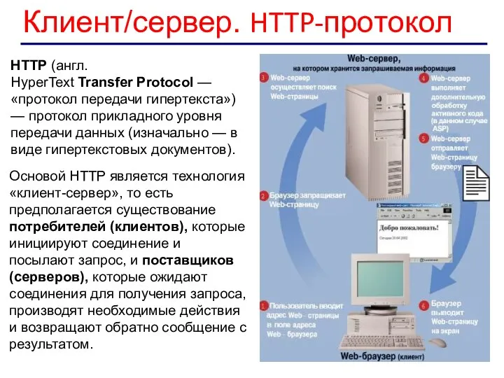 Клиент/сервер. HTTP-протокол Основой HTTP является технология «клиент-сервер», то есть предполагается существование