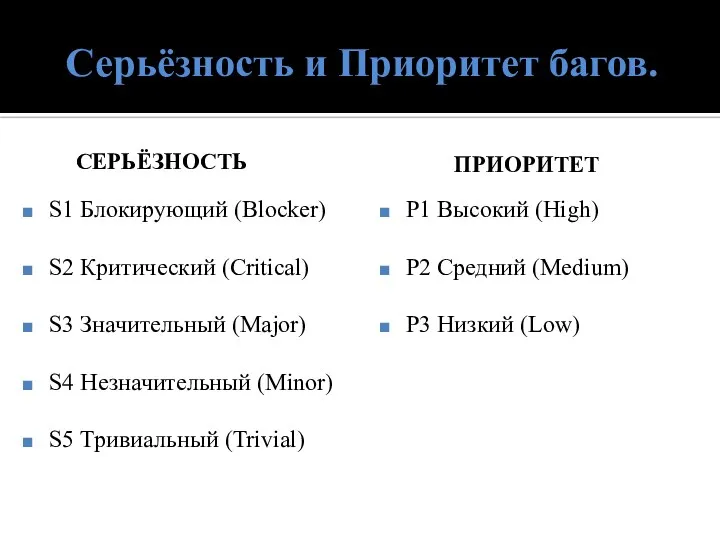 Серьёзность и Приоритет багов. СЕРЬЁЗНОСТЬ S1 Блокирующий (Blocker) S2 Критический (Critical)