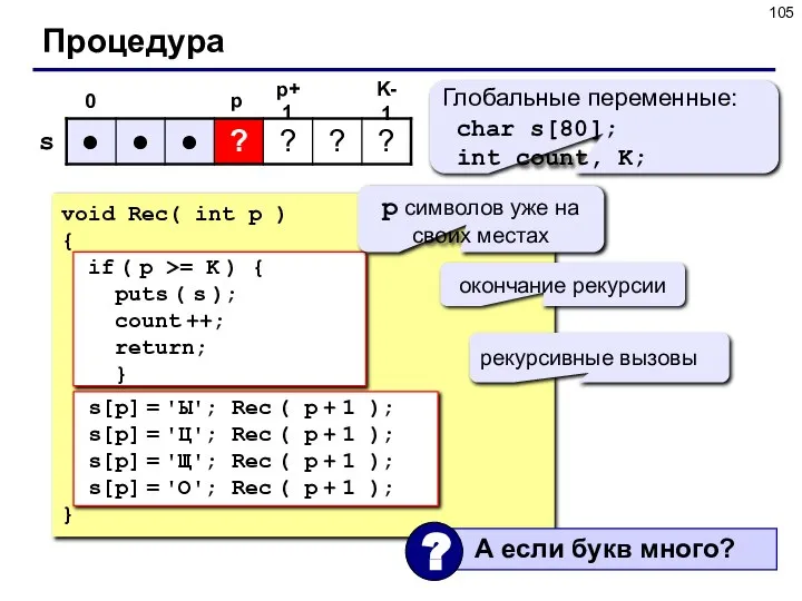 Процедура 0 K-1 p Глобальные переменные: char s[80]; int count, K;