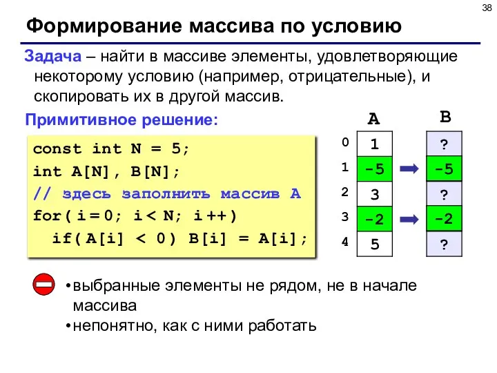 Формирование массива по условию Задача – найти в массиве элементы, удовлетворяющие