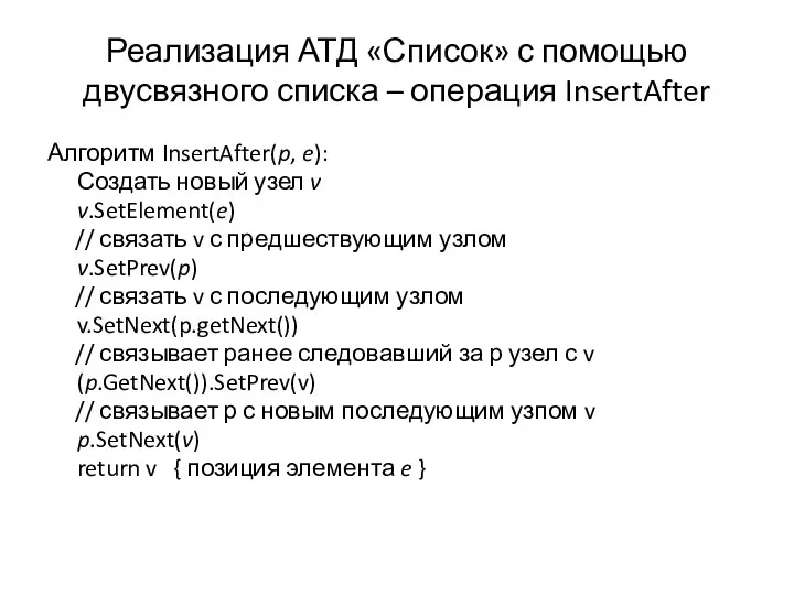 Реализация АТД «Список» с помощью двусвязного списка – операция InsertAfter Алгоритм